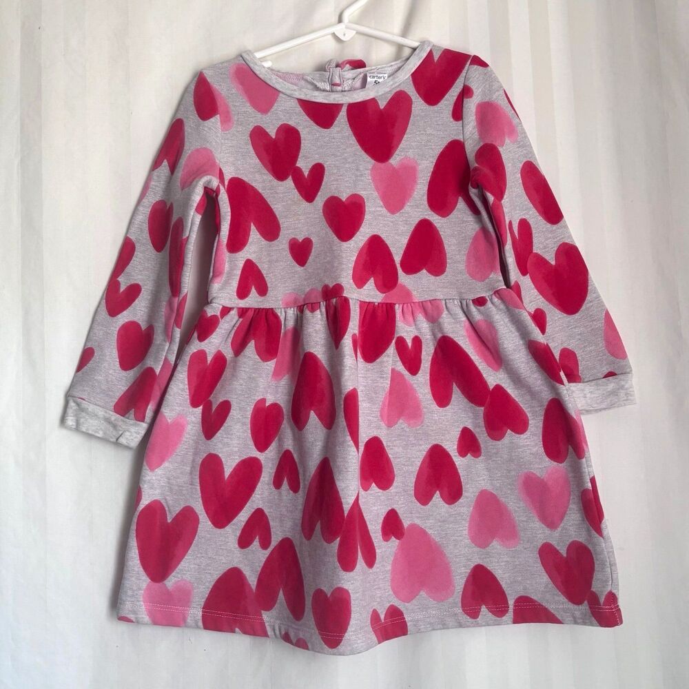 Carter's Toddler Girls Gray Fleece Sweatshirt Dress Red Pink Hearts 5T NWOT
